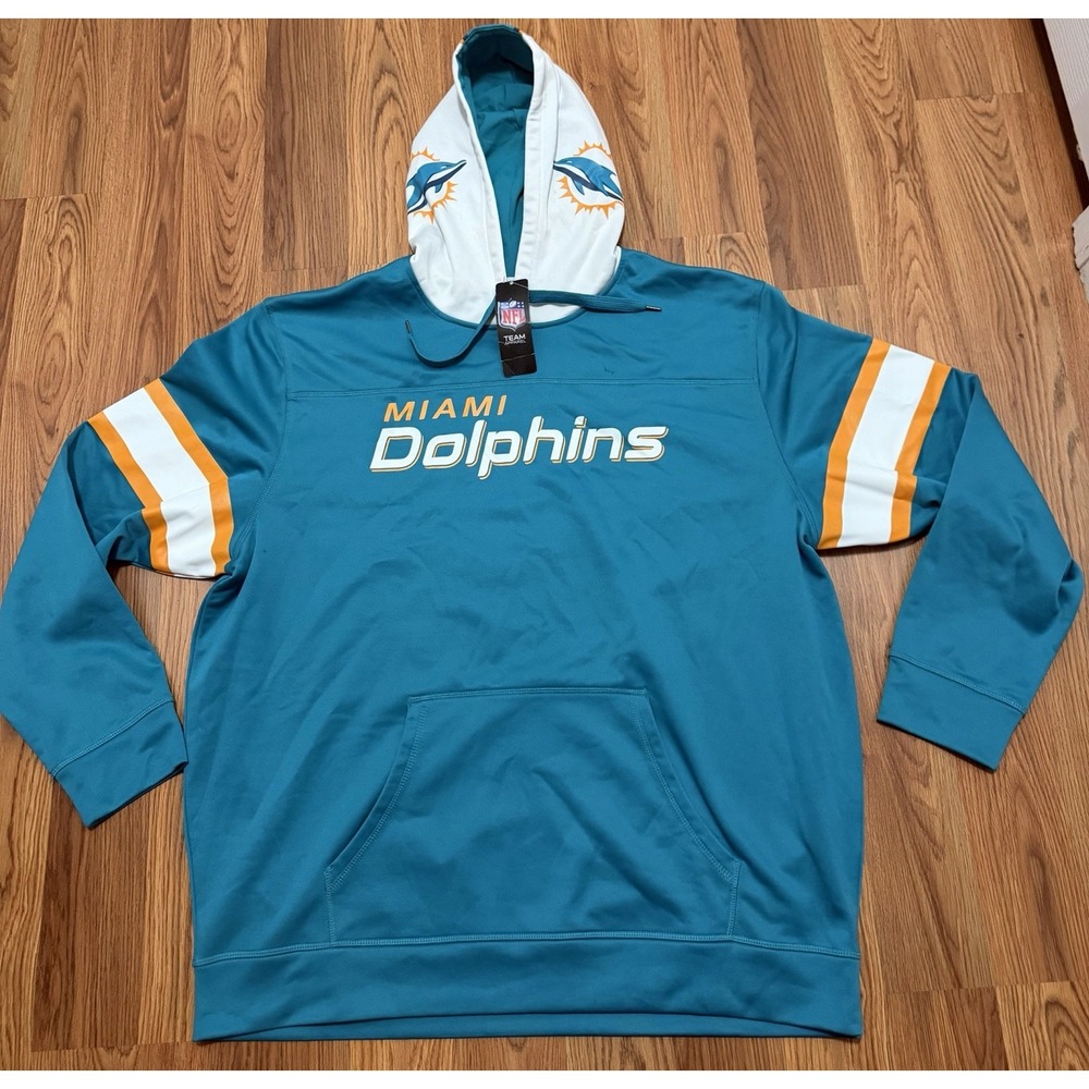 Miami Dolphins Hoodie Mens 2XL Majestic NFL Aqua Pullover Logo Hood NWT